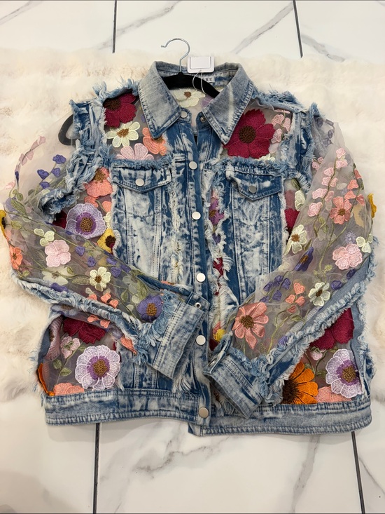 Adore Jackets & Blazers - Adore Light Blue Denim Jacket with Multicolor Floral Embroidery